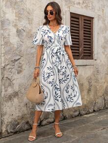 EMERY ROSE 女士休闲度假植物印花短袖连衣裙 - 藍白色 - 查看 7