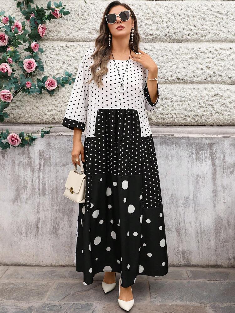 Plus Size Women's Polka Dot Print Color Block Round Neck 3/4 Sleeve Dress For Summer/ Vacation Polka Dot Dress Women Casual Maxi Dresses For Women Polkadot Dress Polka Dot Dress Women Church Dress