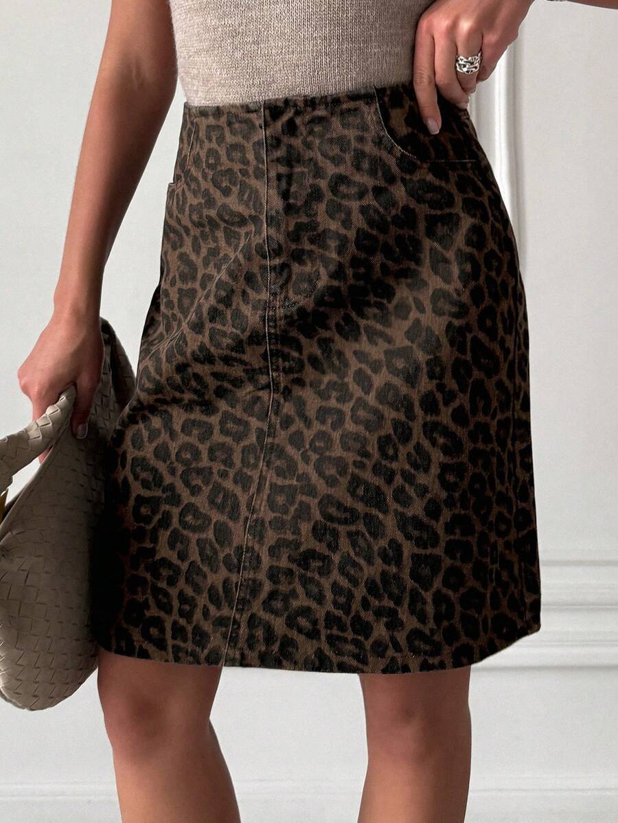 DAZY 女士常规腰围豹纹A字休闲牛仔迷你裙 - 棕色 - 查看 1