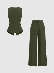 Sweetra Bộ vest màu trơn gồm áo gile cài khuy trang trí và quần ống rộng xếp ly. - xanh quân đội - Xem 2