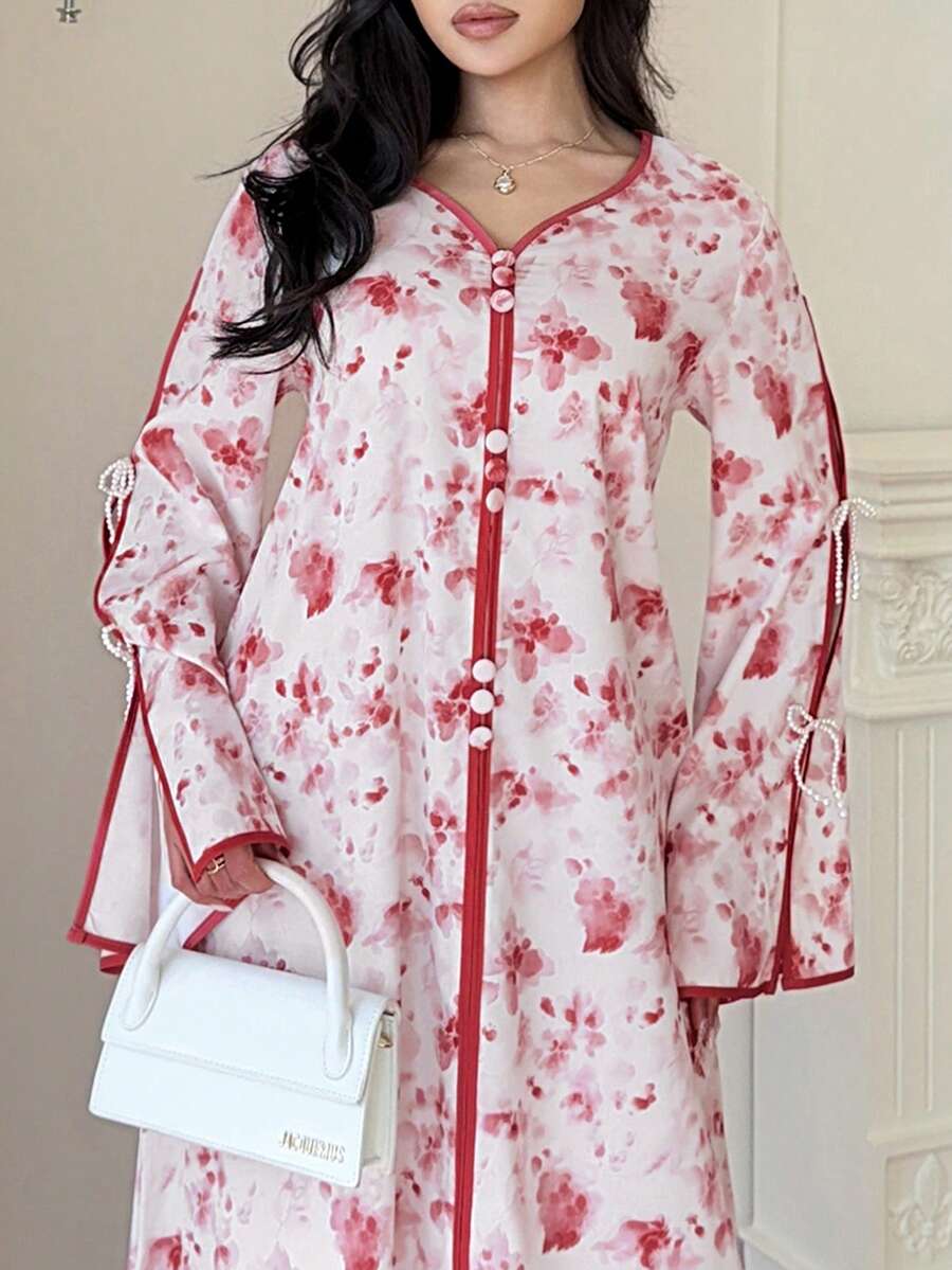 Yasmyna 花卉印花纽扣V领优雅长袖连衣裙 - 彩色 - 查看 1