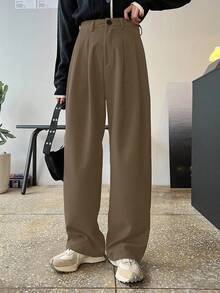 DAZY 女士纯色口袋纽扣休闲百搭日常通勤阔腿裤 - 卡其色 - 查看 3