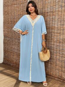 EMERY ROSE Plus Size Women Loose Vacation Middle East Beach Dress, Casual Resort Lightweight Elegant Tassel V-Neck Loose Long Sleeve Vacation Blue Plus Size Dress - Baby Blue - View 6