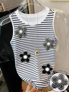 Resyla Women's Striped Round Neck Rhinestone Heart Graphic Casual Versatile Daily Wear Top - Multicolor - View 1