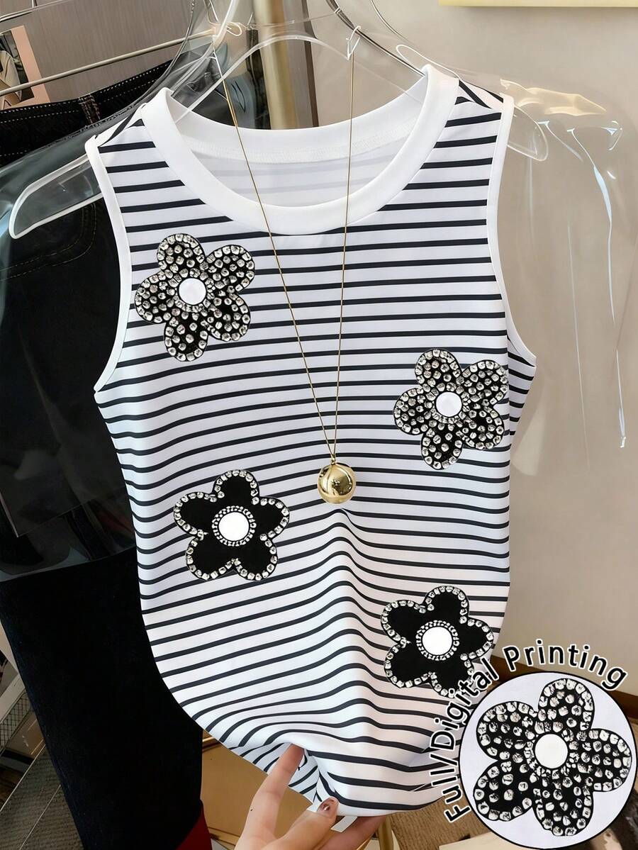 Resyla Women's Striped Round Neck Rhinestone Heart Graphic Casual Versatile Daily Wear Top - Multicolor - View 1