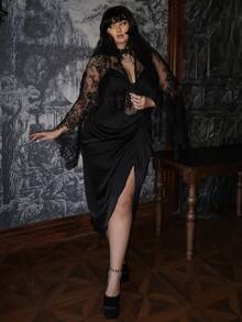 Flirla 大码女式缎面蕾丝拼接镂空A字中长黑色腰连衣裙，优雅复古休闲鸡尾酒会长裙+蕾丝边披肩两件套 - 黑色 - 查看 8