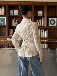 Muchica Women's Plaid Cinched Waist Slim Fit Long Sleeve Shirt  For Going Out Outfits, Back To School,Streetwear, Y2K Clothes - Multicolor - View 3