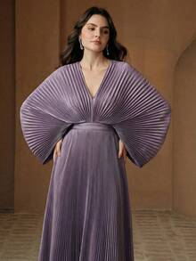 Anewsta 优雅复古欧美风紫色V领蝙蝠袖高腰露背褶皱连衣裙（女款） - 紫色 - 查看 5