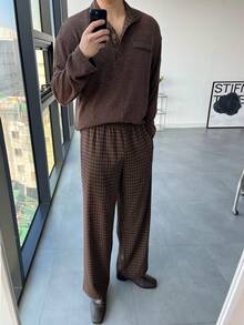 DAZY Brown Patchwork Collar Men's Shirt And Plaid Pants Suit Set, Spring/Autumn