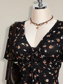 SHEIN ICON 大码女式碎花V领系腰优雅短袖派对连衣裙 - 黑色 - 查看 5
