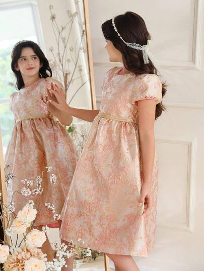 Glamorique Kids Girl's Trending Spring/Summer Gold Jacquard Woven Dress, Soft & Comfortable, Elegant Gold Jacquard Fabric, Gold Belt Accent, Casual & Chic, Suitable For Outings And Leisure Jacquard Dress Kids Jacquard Dresses Preteen Preteen Dresses Dresses For Girls