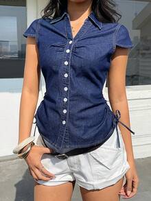 Flirla Women's Casual Front Button Side Drawstring Denim Jacket, Summer - Blue - View 7