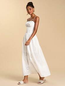 Travachic 纯色镂空刺绣吊带度假连衣裙，春夏度假装，优雅派对礼服，女士度假装，婚礼派对礼服，女士优雅连衣裙，白色连衣裙，夏季连衣裙，沙滩裙 - 白色 - 查看 6