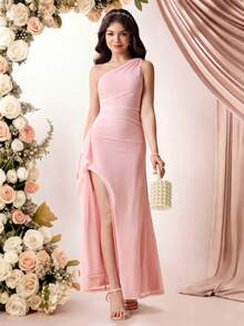 Pitira Kids Elegant Pink Summer One Shoulder Maxi Dress,Asymmetric Ruffle Hollow Out High Slit Princess Gown For Prom,Wedding,Bridesmaid And Formal Evening - Pink - View 4