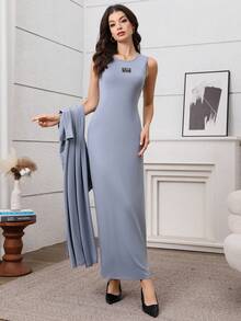 Graceveil 灰蓝色提花束腰连衣裙+外套，时尚优雅的法式阿拉伯风格女士套装 - 霧霾藍 - 查看 4