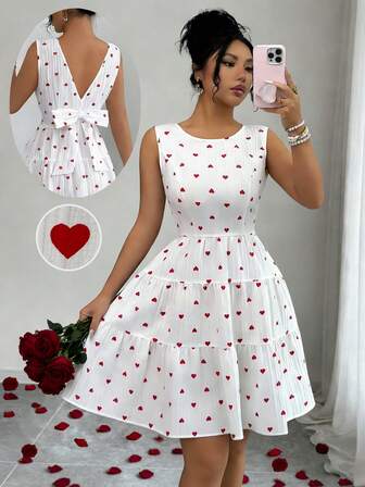 Rafferiza 心形印花优雅圆领无袖蛋糕裙，饰有蝴蝶结，白色连衣裙，适合情人节穿着。