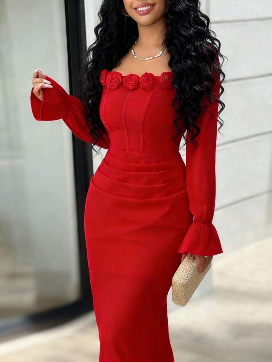 Rafferiza Red Retro Square Neck Dress/3D Rose Decor/Ruched Waist Design Flare Sleeve Elegant Party Dress - Red - View 1