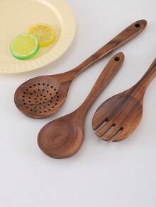 1 件 - 相思木勺铲；弯柄长柄饭勺、漏勺、勺叉、汤勺、铲子、油勺；木桶；7 把勺铲；一个木桶 - 棕色 - 查看 5