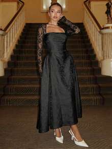 Glamine Charm 优雅蕾丝拼接3D立体压花方领长袖A字连衣裙，白色招待会礼服，白色蕾丝连衣裙，彩排晚宴礼服，薄纱花朵，甜美风格，缎面毕业礼服，浪漫连衣裙，派对造型，高贵优雅，白色优雅，时尚秋季，白色3D，派对必备白色短裙，白色夜店连衣裙，白色派对连衣裙，秋季女士面料，优雅高贵 - 黑色 - 查看 4