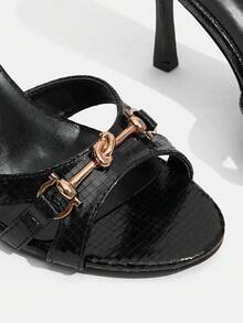 CUCCOO SZL Giày sandal cao gót nữ màu trơn, trang trí dây xích, thời trang, thanh lịch, thích hợp cho kỳ nghỉ xuân, lễ Phục sinh. - Lưới kim loại màu đen PU - Xem 6