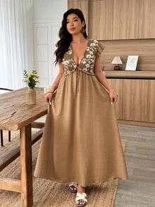 Weeklong 大码女式撞色提花仿亚麻荷叶边下摆A字休闲/职业连衣裙，春夏款 - 棕色 - 查看 5