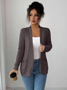 SHEIN PETITE 女士休闲罗纹抓绒开襟侧袋短款轻薄外套 女士开衫 薄款开衫 女士开衫 女士开衫 - 摩卡棕 - 查看 5