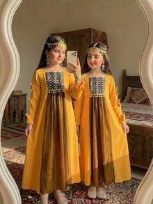 Tween Girls Long Dress, Geometric Pattern Contrast Mesh Dress, Bow Decor Long Sleeve + Tassel Mesh Design Middle Eastern Style Children Clothing - Yellow - View 1