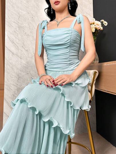 Feyla Đầm dự tiệc, hẹn hò, thanh lịch, màu trơn, dây thắt nút, nhiều lớp xếp ly ở gấu váy, eo thon, dành cho nữ, thích hợp cho mùa hè.