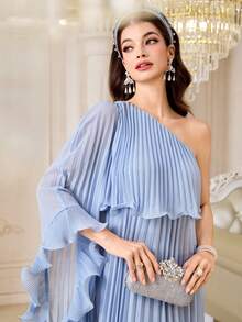 Modelyn 女士纯色不对称喇叭袖褶皱优雅连衣裙 - 淺藍色 - 查看 7