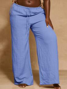 MUSERA Plus Size Mid Rise Wide Leg Drawstring Waist Trousers Vacation Beachwear Elegant Holiday Cute Summer Casual - Dusty Blue - View 2