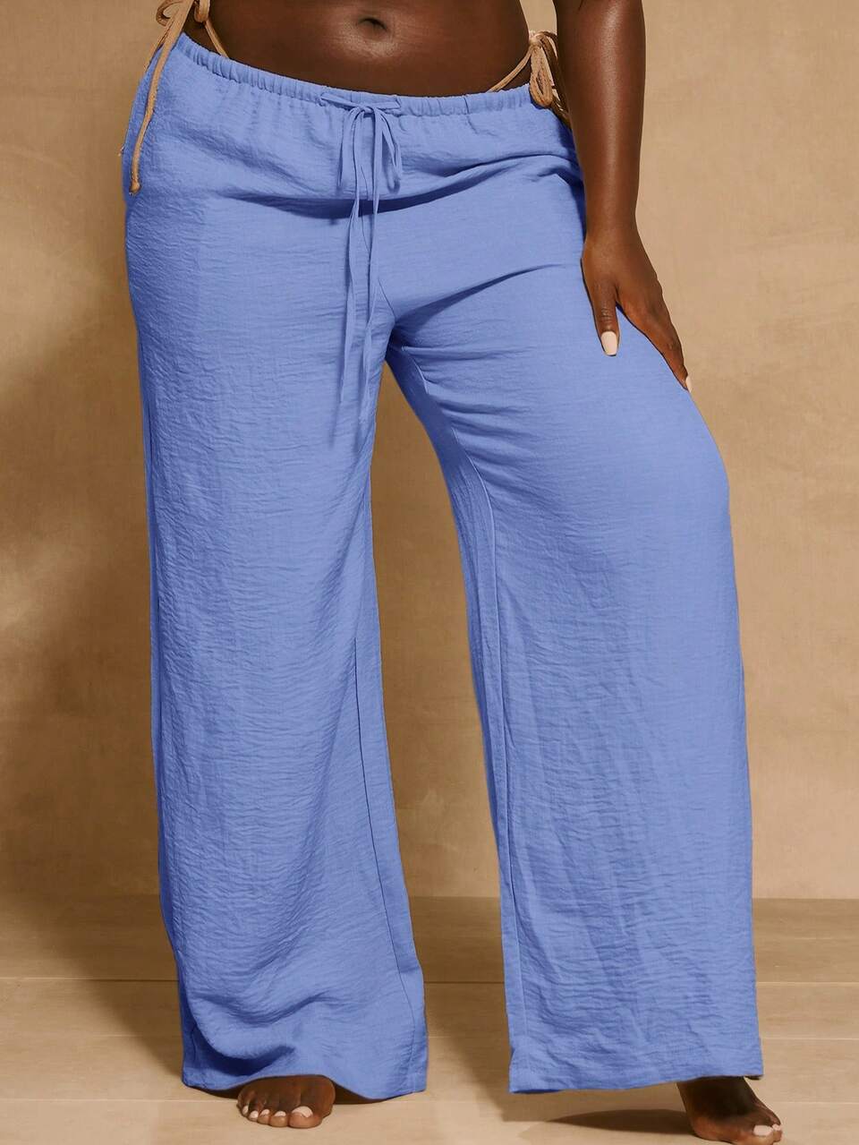 Pantaloni stile lino Curve blu a vita media a gamba larga con coulisse in vita