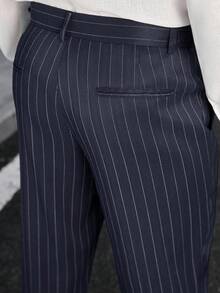 Manfinity Bizformal 男士条纹纽扣休闲百搭通勤商务裤 - 藏蓝色 - 查看 7