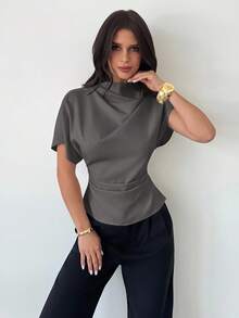 Firerie Crinkle Collar Asymmetrical Sleeve Side Ruched Waist Slim Fit Apricot Bamboo Linen Fabric Blouse For Women, All Season - Grey - View 7