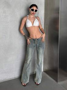 SHEIN ICON Quần jeans ống loe cổ điển cổ điển cỡ lớn dành cho nữ, phong cách đường phố sang trọng, màu xanh đậm - Rửa nhẹ - Xem 4