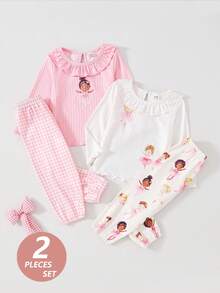 4pcs Baby Girls Peter Pan Collar Knit Cute Girl Short Sleeve Top And Long Pants Pajama Homewear Set - Multicolor - View 1
