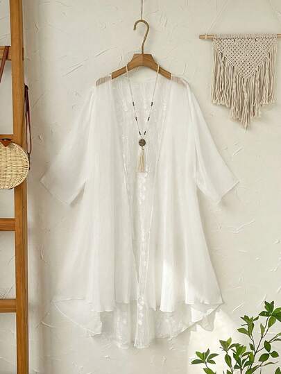 EMERY ROSE 大码女式早春休闲度假蕾丝拼接白色七分袖和服外套