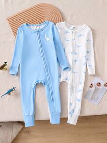 2pcs/Set Baby Boys' Green Cartoon Pattern Solid Color Crew Neck Long Sleeve Footless Jumpsuit Sleepwear - Blue - View 1