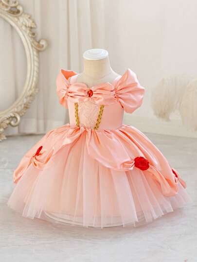 SHEIN Glamorique Kids Watermelon Pink Princess, Watermelon Pink Satin Tulle Skirt, Christmas Baby Girl Dress, Party Wear, Santa Dress, New Year's Dress, Christmas Children, Halloween Children, Ball Gown, Baby Girls Princess Dress, Red & Yellow Ribbon, Stage, Red Gems, Red 3D Rose, Performance, Luxurious Dress, Autumn/Winter New Arrival