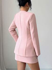 Elenzga Bộ đồ nữ màu đỏ vải tweed đính sequin thời trang mới thu đông 2025, kiểu dáng thanh lịch, gồm 2 món. - Màu Hồng baby - Xem 2