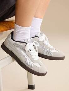 CUCCOO EASI 2026新款春季女士复古百搭休闲运动鞋，白色平底运动鞋 - 灰色 - 查看 1