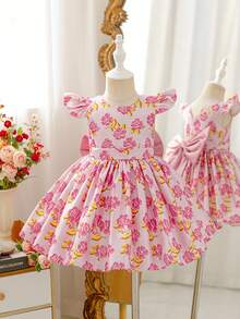 Glamorique Kids Mädchen Blumen Muster V-Rücken Satin Kleid mit 3D Schleife, elegantes aufgeblähtes Prinzessin Partykleid für Blumenmädchen, Hochzeit, Bankett - Pink - Übersicht 10