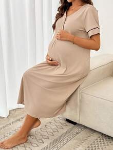 SHEIN Maternity Casual Button-Up Short Sleeve Dress Loungewear Pajama Dress Robe Sleepwear Set  - Apricot - View 7