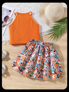 SHEIN 女童针织背心+印花裙两件套，适合日常通勤、外出，展现活泼可爱风格，小女孩两件套女童夏装套装，小女孩套装夏季 - 橘色 - 查看 2