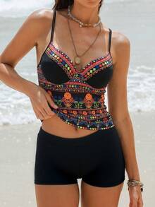 Swim Lushoire Women's Floral Print Tankini Top With Adjustable Straps, Tropical Romantic Floral Pattern, Fashionable And Versatile For Beach, Pool, Party - Multicolor - View 1