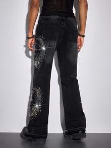 ROMWE MEN Street Life 男士水钻装饰牛仔裤，适合日常穿着，春夏款 - 黑色 - 查看 3