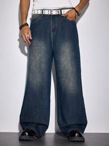 ROMWE MEN Goth Spring Casual Graphic Men'S Cross Embroidered Pocket Wide Leg Loose Casual Jeans - Blue - View 6