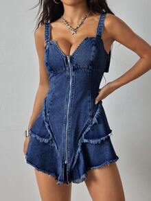 SHEIN ICON Women's Zipper Front Patchwork Fringe Sexy Denim Cami Dress - Dark Wash - View 5
