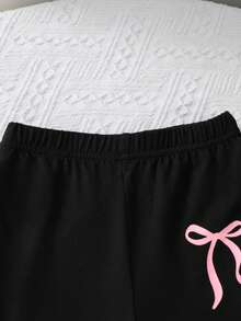 SHEIN Genkimix Kids 女童舒适喇叭裤，蝴蝶印花，休闲时尚黑色长裤，适合外出、聚会和玩耍，夏季 - 黑色 - 查看 5