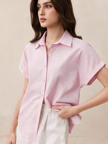 BizChic 女士基本款翻领短袖衬衫，百搭实用，适合都市通勤、办公室、商务休闲等场合，优雅女士正装上衣，时尚衬衫