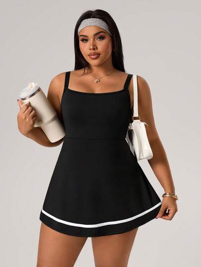 Rhythm Era Plus Size Women's Casual Sleeveless Dress With Hollow Back, Color Block Splice Design, Built-In Shorts And Pockets, Suitable For Daily Casual Wear, Running, Yoga, Gym, Tennis